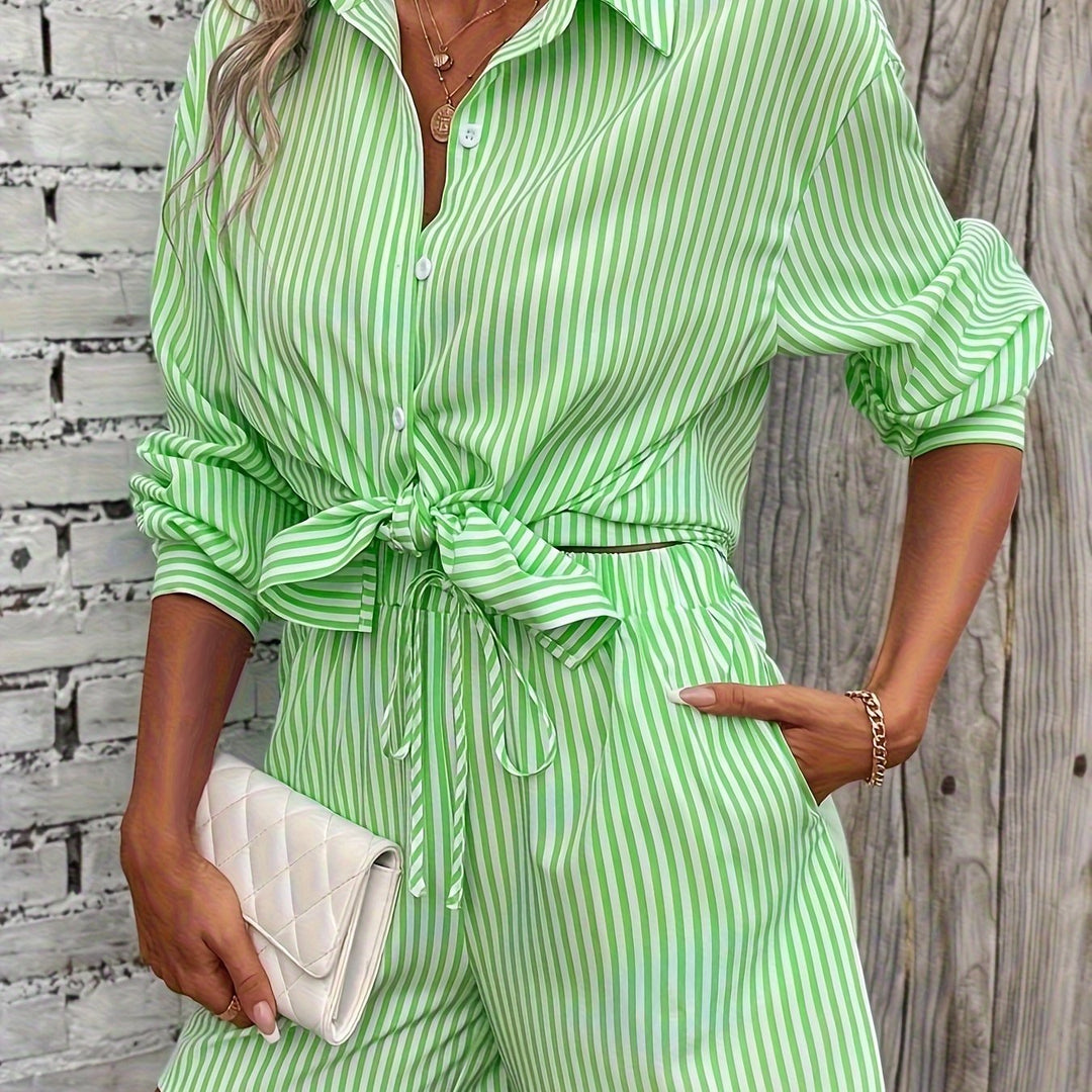 Elegant Direction  VCAY Women's Striped Drop Shoulder Shirt & Sportswear Set