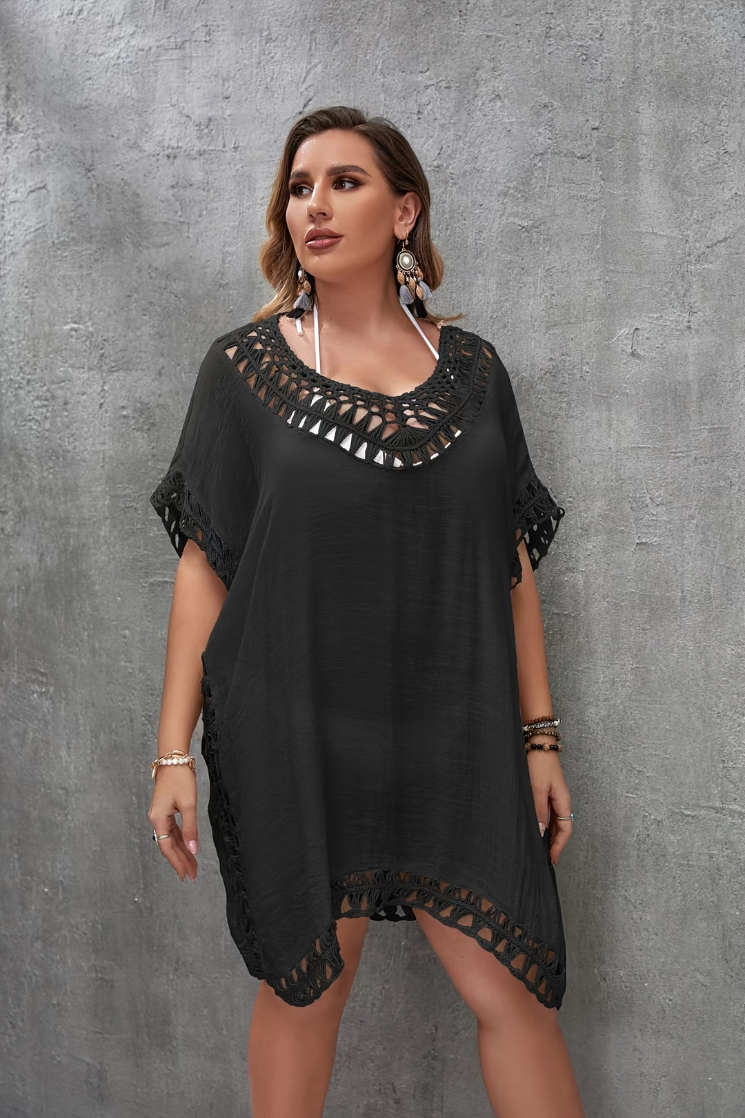 Women's Boho Beach Cover-Up Sleeveless Hollow Hand Hook Knit  Summer V-Neck Pullover