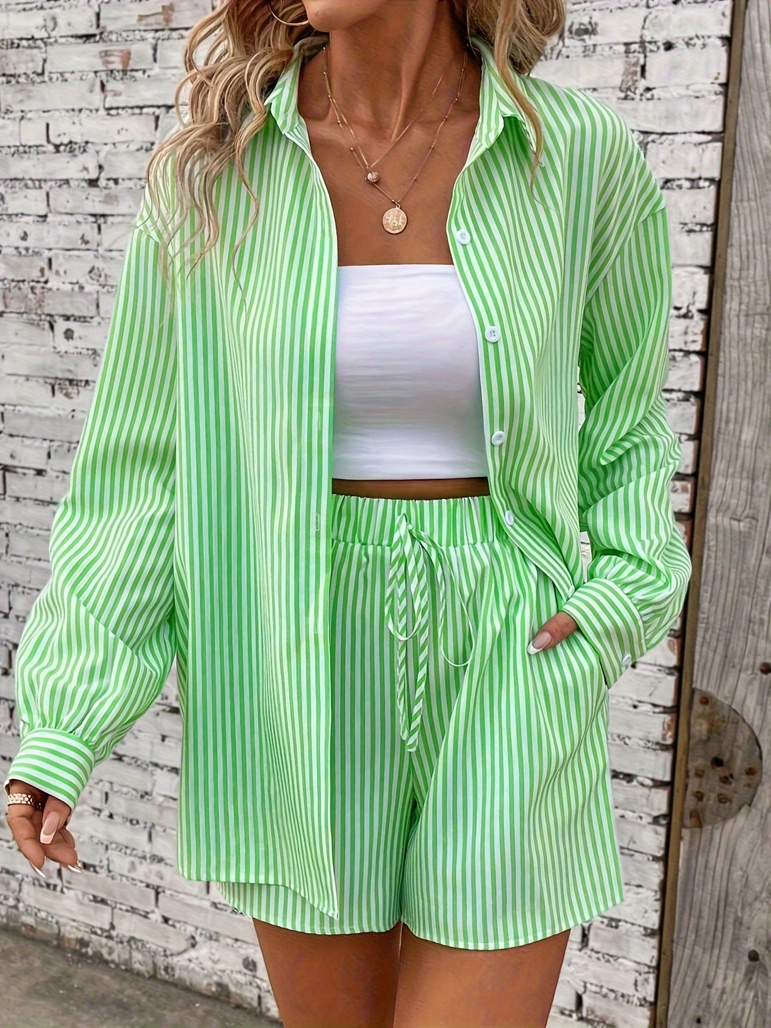Elegant Direction  VCAY Women's Striped Drop Shoulder Shirt & Sportswear Set