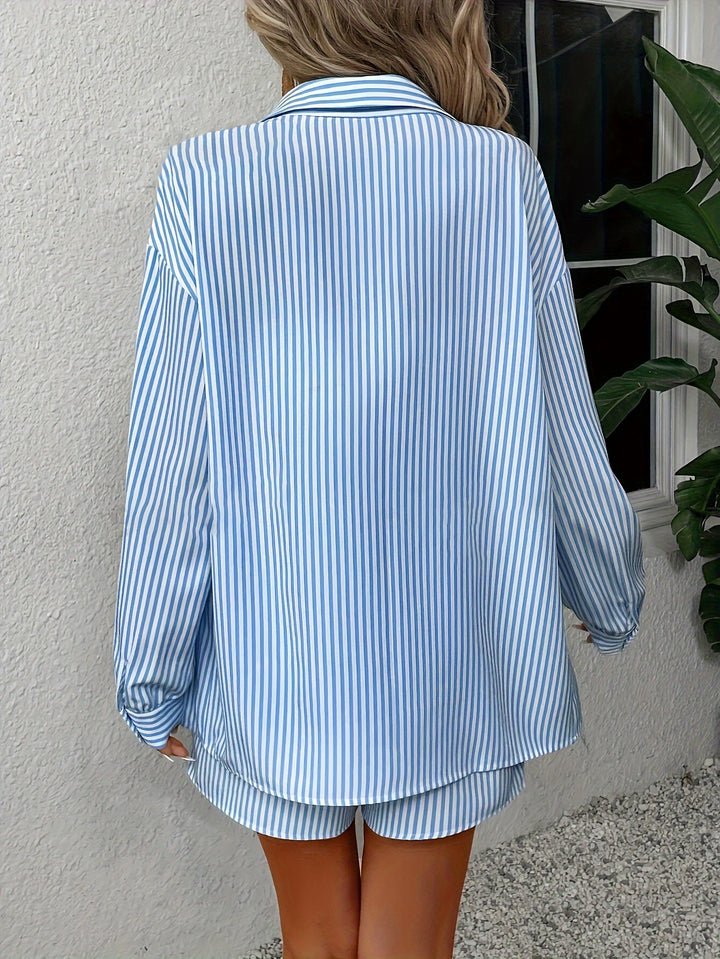 Elegant Direction  VCAY Women's Striped Drop Shoulder Shirt & Sportswear Set
