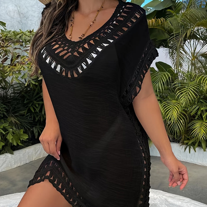 Women's Boho Beach Cover-Up Sleeveless Hollow Hand Hook Knit  Summer V-Neck Pullover