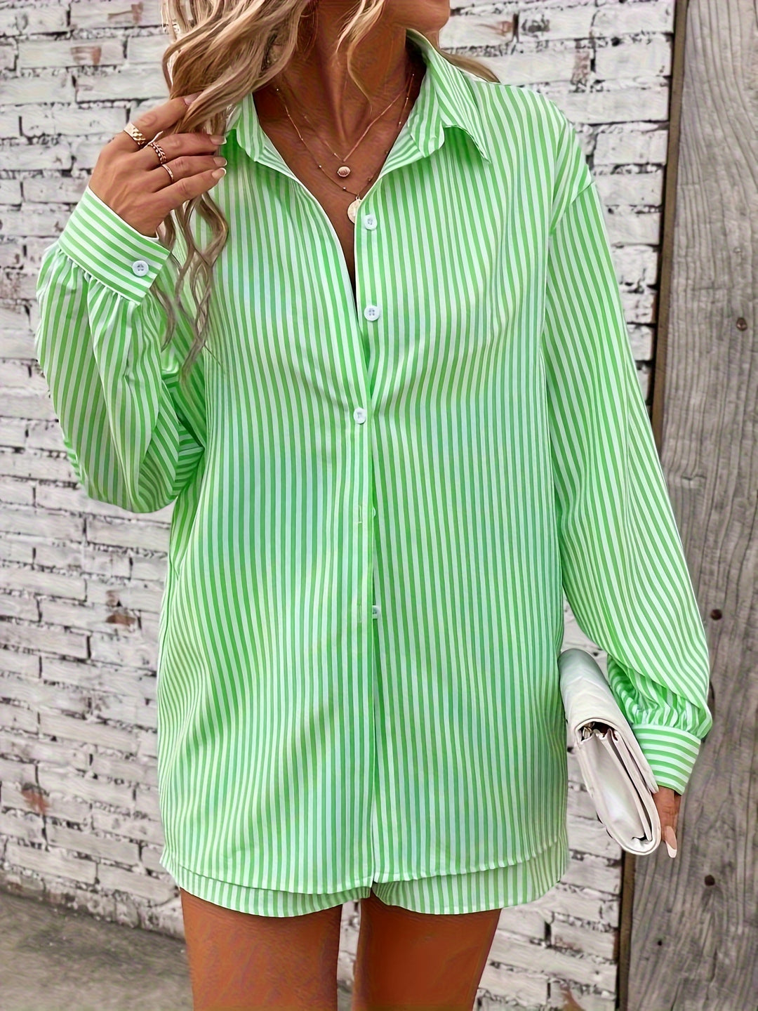 Elegant Direction  VCAY Women's Striped Drop Shoulder Shirt & Sportswear Set
