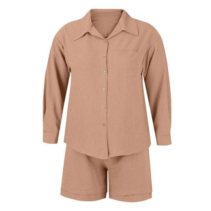 Women's Summer Linen Two-Piece Set – High-Waist Shorts & Long-Sleeve Shirt Outfit