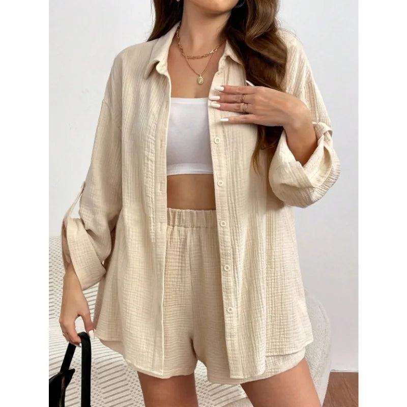 Women's Summer Two-Piece Linen Shorts Set  Casual Loose Fit