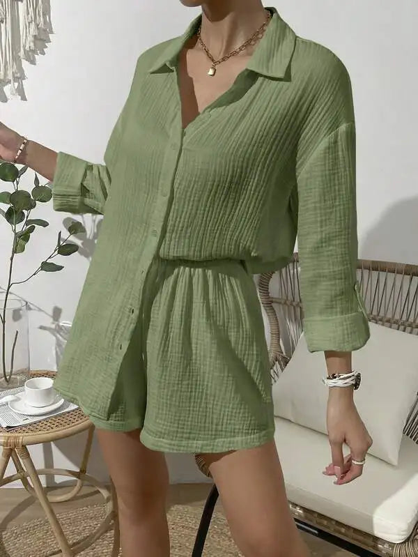 Women's Spring & Summer Two-Piece Set  Loose Long Sleeve Shirt & Casual Short