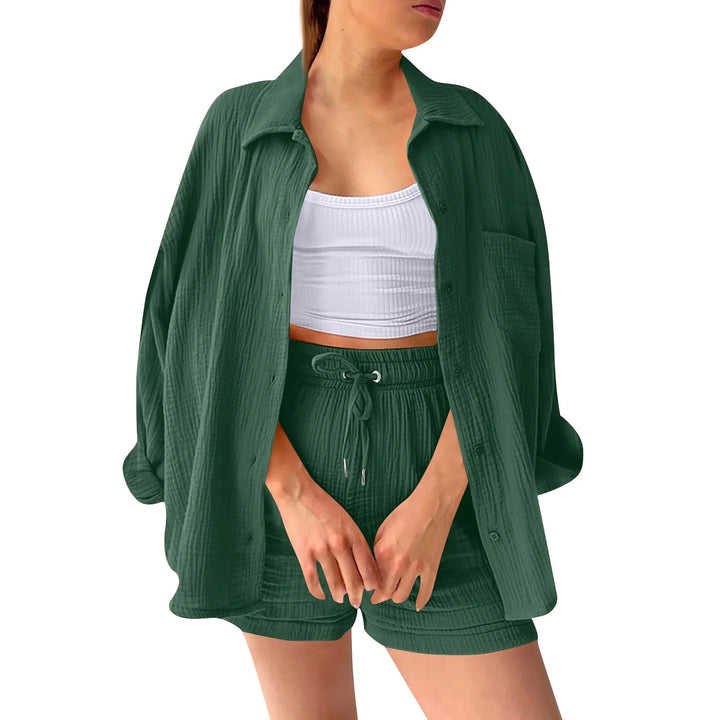 Women's Summer Linen Two-Piece Set – High-Waist Shorts & Long-Sleeve Shirt Outfit