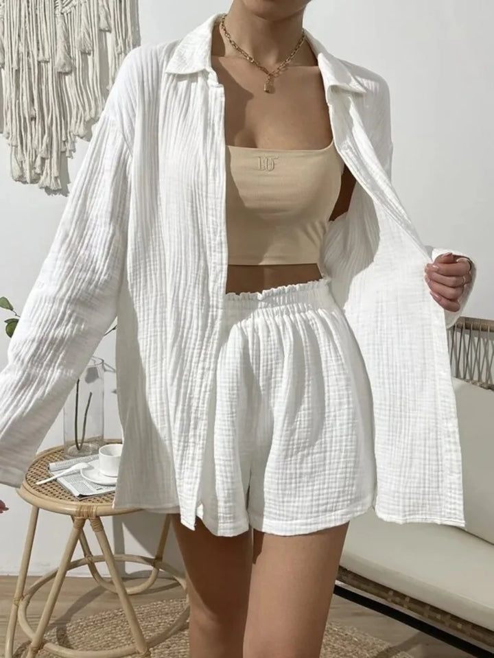 Women's Spring & Summer Two-Piece Set  Loose Long Sleeve Shirt & Casual Short