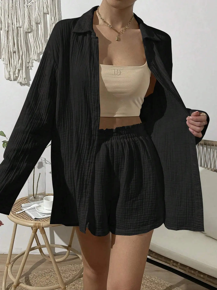 Women's Spring & Summer Two-Piece Set  Loose Long Sleeve Shirt & Casual Short