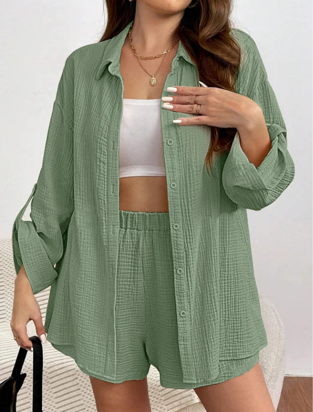 Women's Summer Two-Piece Linen Shorts Set  Casual Loose Fit