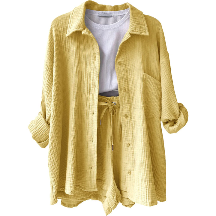 Women's Summer Linen Two-Piece Set – High-Waist Shorts & Long-Sleeve Shirt Outfit