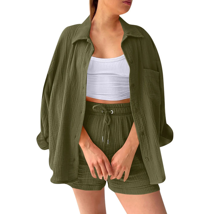 Women's Summer Linen Two-Piece Set – High-Waist Shorts & Long-Sleeve Shirt Outfit