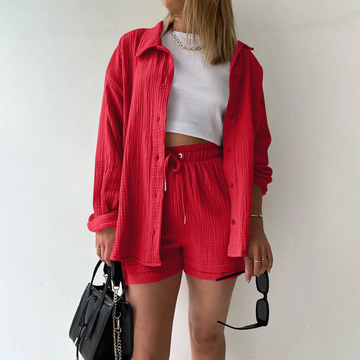 Women's Summer Linen Two-Piece Set – High-Waist Shorts & Long-Sleeve Shirt Outfit