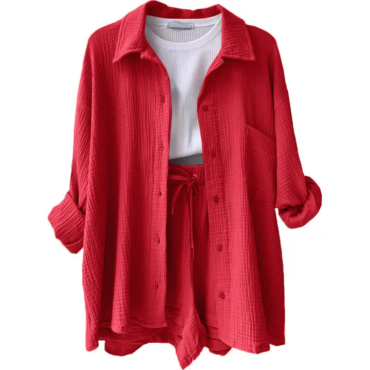 Women's Summer Linen Two-Piece Set – High-Waist Shorts & Long-Sleeve Shirt Outfit