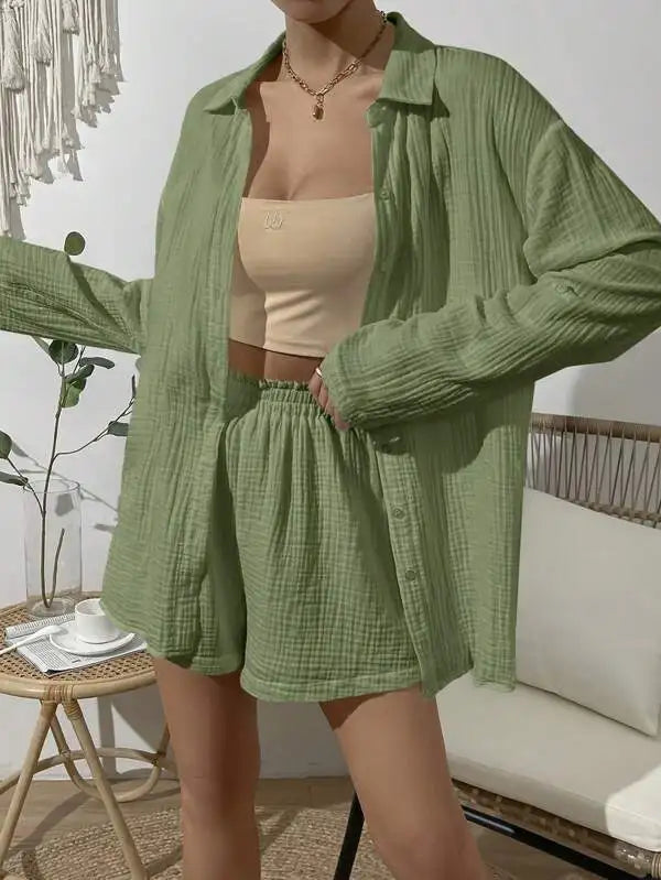 Women's Spring & Summer Two-Piece Set  Loose Long Sleeve Shirt & Casual Short