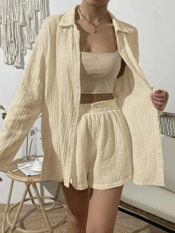 Women's Spring & Summer Two-Piece Set  Loose Long Sleeve Shirt & Casual Short