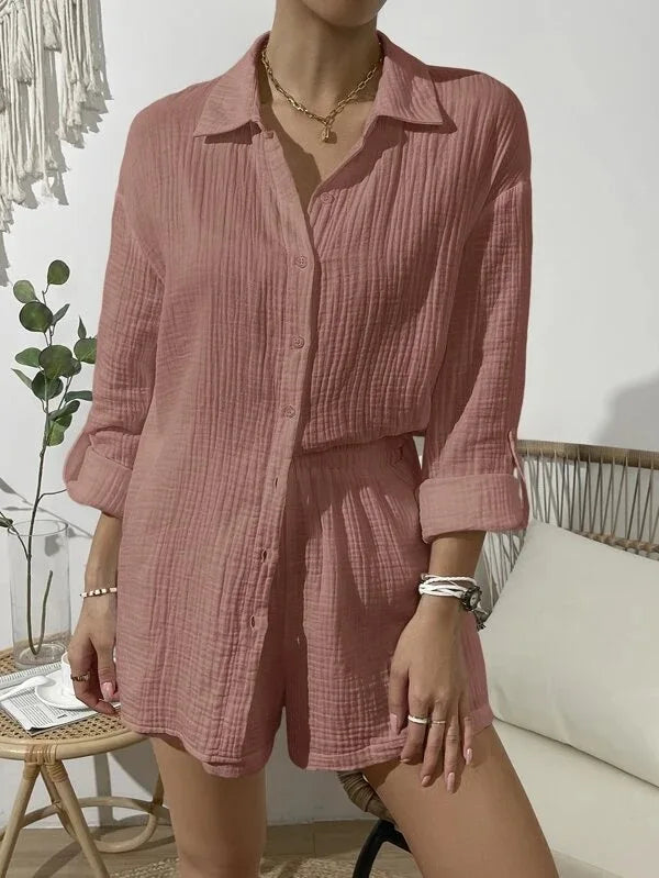 Women's Spring & Summer Two-Piece Set  Loose Long Sleeve Shirt & Casual Short