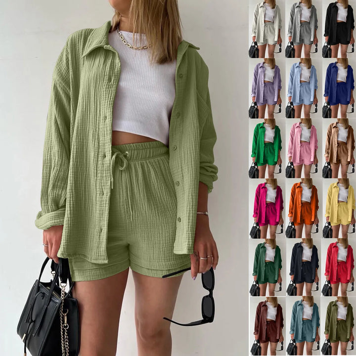 Women's Summer Linen Two-Piece Set – High-Waist Shorts & Long-Sleeve Shirt Outfit