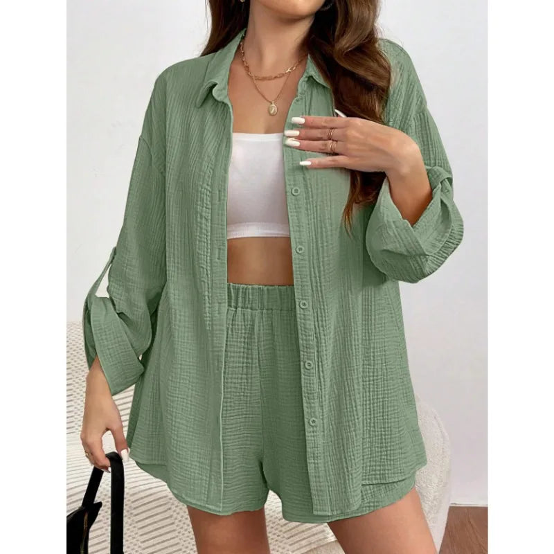 Women's Summer Two-Piece Linen Shorts Set  Casual Loose Fit