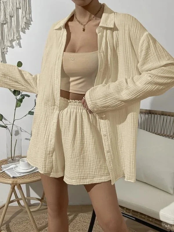 Women's Spring & Summer Two-Piece Set  Loose Long Sleeve Shirt & Casual Short