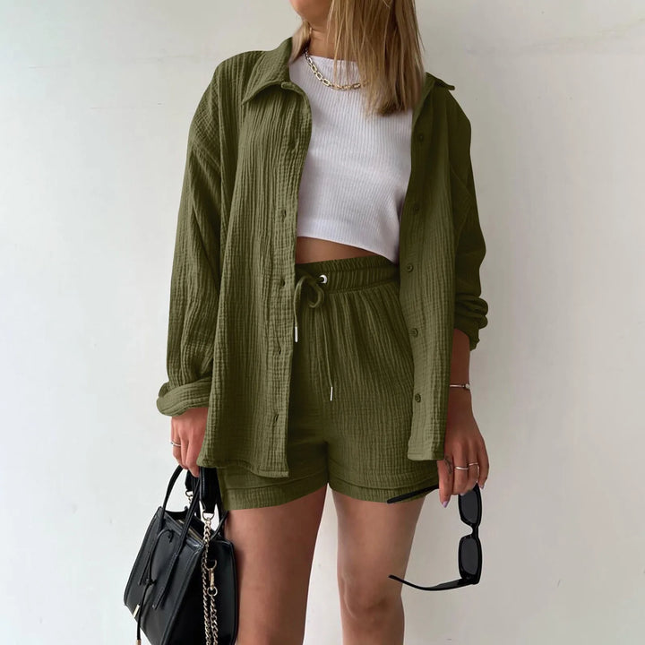 Women's Summer Linen Two-Piece Set – High-Waist Shorts & Long-Sleeve Shirt Outfit
