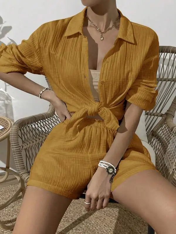 Women's Spring & Summer Two-Piece Set  Loose Long Sleeve Shirt & Casual Short