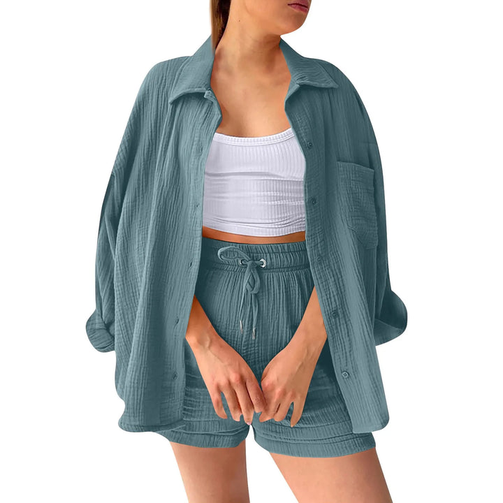 Women's Summer Linen Two-Piece Set – High-Waist Shorts & Long-Sleeve Shirt Outfit
