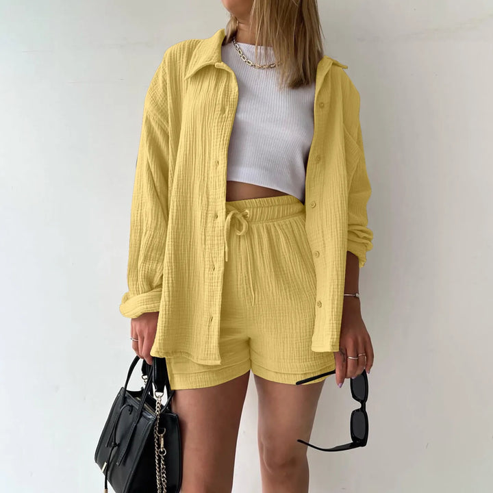 Women's Summer Linen Two-Piece Set – High-Waist Shorts & Long-Sleeve Shirt Outfit