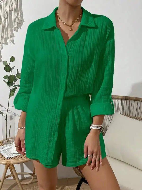 Women's Spring & Summer Two-Piece Set  Loose Long Sleeve Shirt & Casual Short