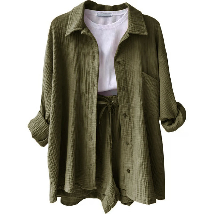 Women's Summer Linen Two-Piece Set – High-Waist Shorts & Long-Sleeve Shirt Outfit