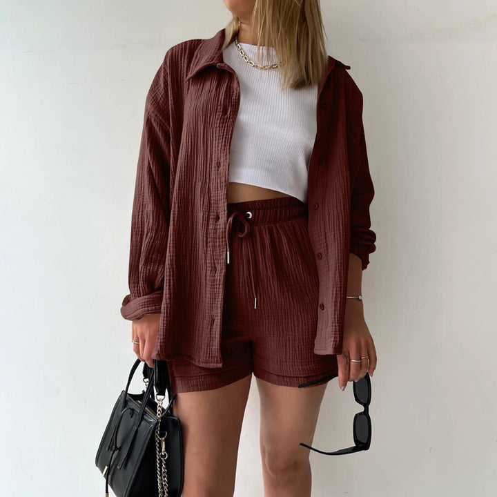 Women's Summer Linen Two-Piece Set – High-Waist Shorts & Long-Sleeve Shirt Outfit