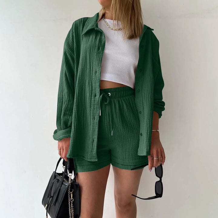 Women's Summer Linen Two-Piece Set – High-Waist Shorts & Long-Sleeve Shirt Outfit
