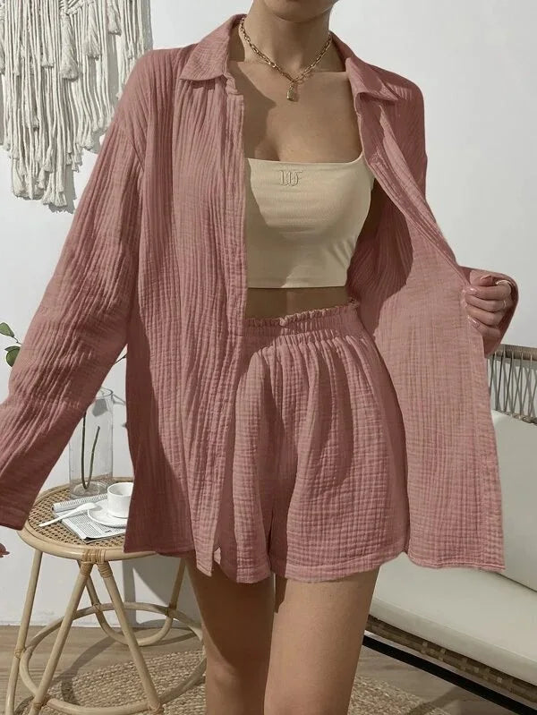 Women's Spring & Summer Two-Piece Set  Loose Long Sleeve Shirt & Casual Short