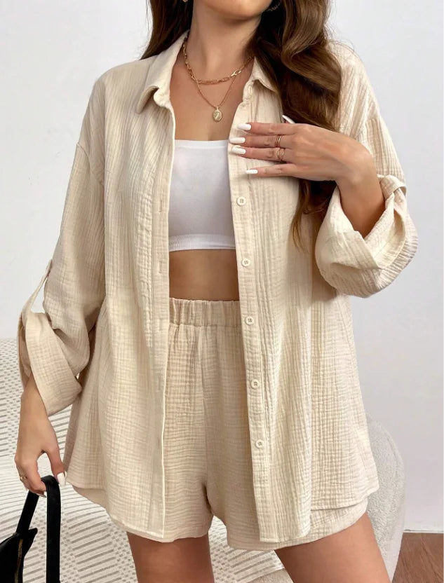 Women's Summer Two-Piece Linen Shorts Set  Casual Loose Fit
