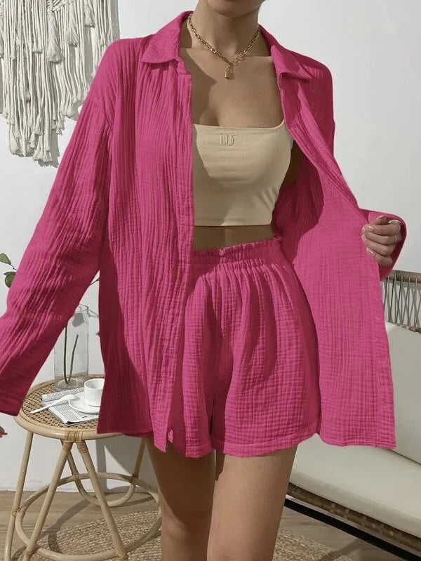 Women's Spring & Summer Two-Piece Set  Loose Long Sleeve Shirt & Casual Short