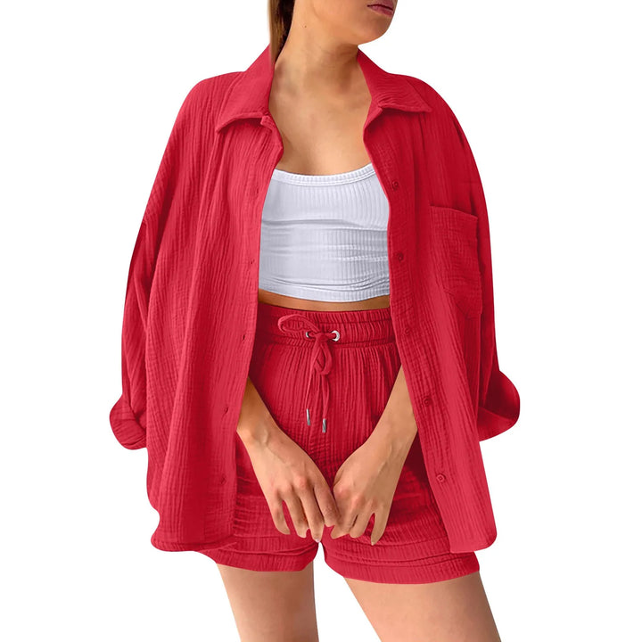 Women's Summer Linen Two-Piece Set – High-Waist Shorts & Long-Sleeve Shirt Outfit