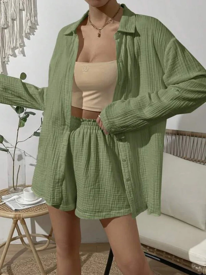 Women's Spring & Summer Two-Piece Set  Loose Long Sleeve Shirt & Casual Short
