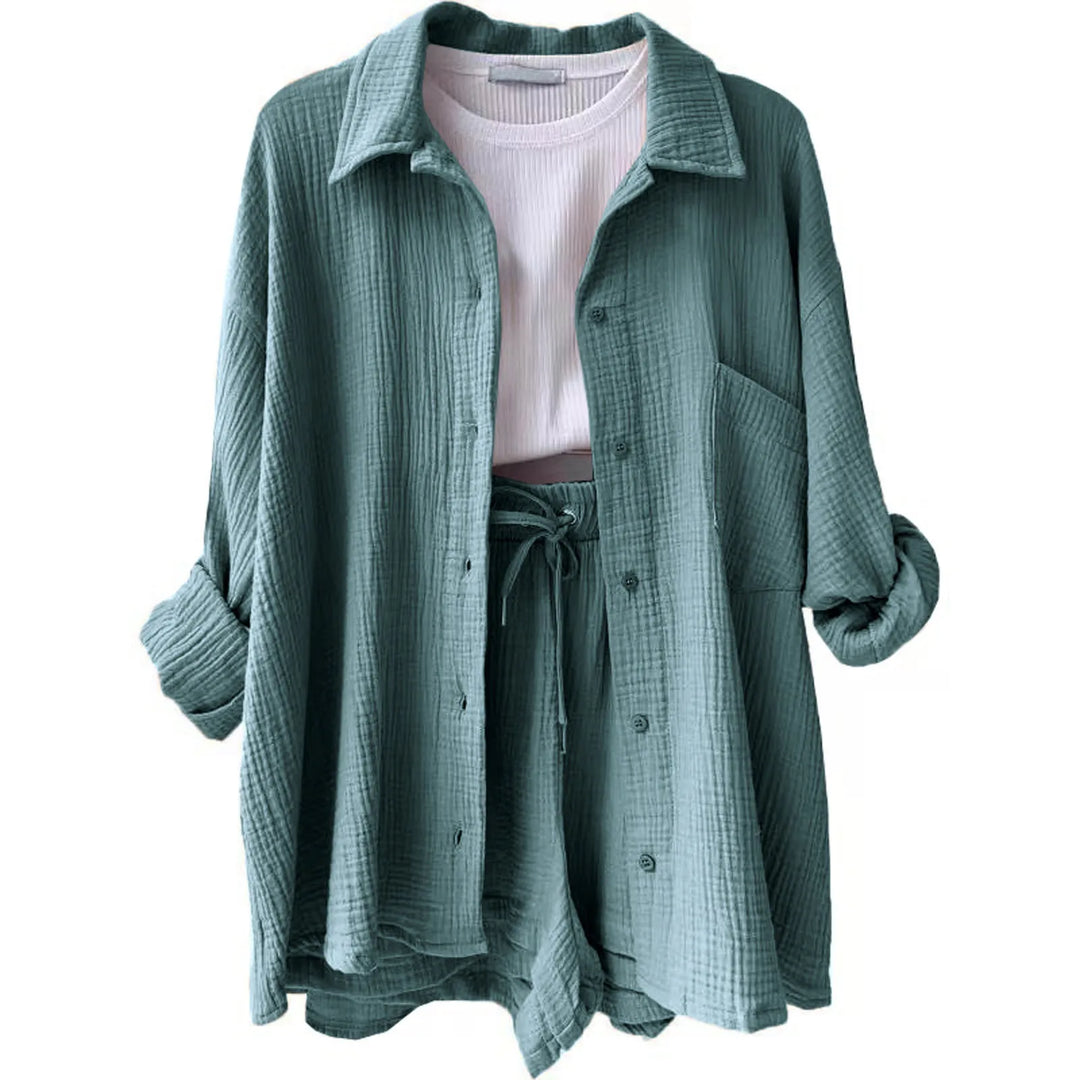 Women's Summer Linen Two-Piece Set – High-Waist Shorts & Long-Sleeve Shirt Outfit