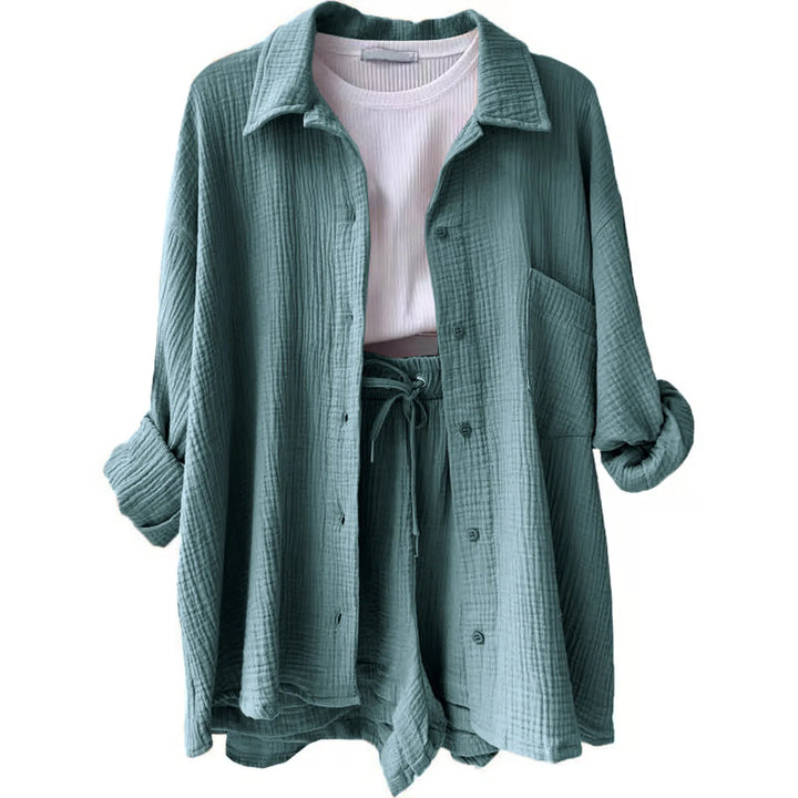 Women's Summer Linen Two-Piece Set – High-Waist Shorts & Long-Sleeve Shirt Outfit