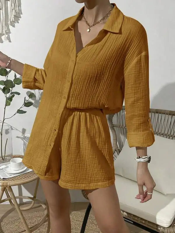 Women's Spring & Summer Two-Piece Set  Loose Long Sleeve Shirt & Casual Short