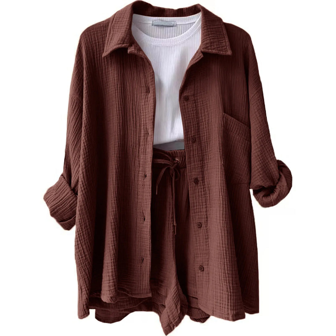 Women's Summer Linen Two-Piece Set – High-Waist Shorts & Long-Sleeve Shirt Outfit