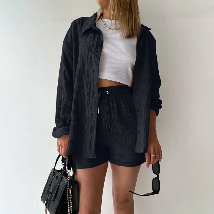 Women's Summer Linen Two-Piece Set – High-Waist Shorts & Long-Sleeve Shirt Outfit