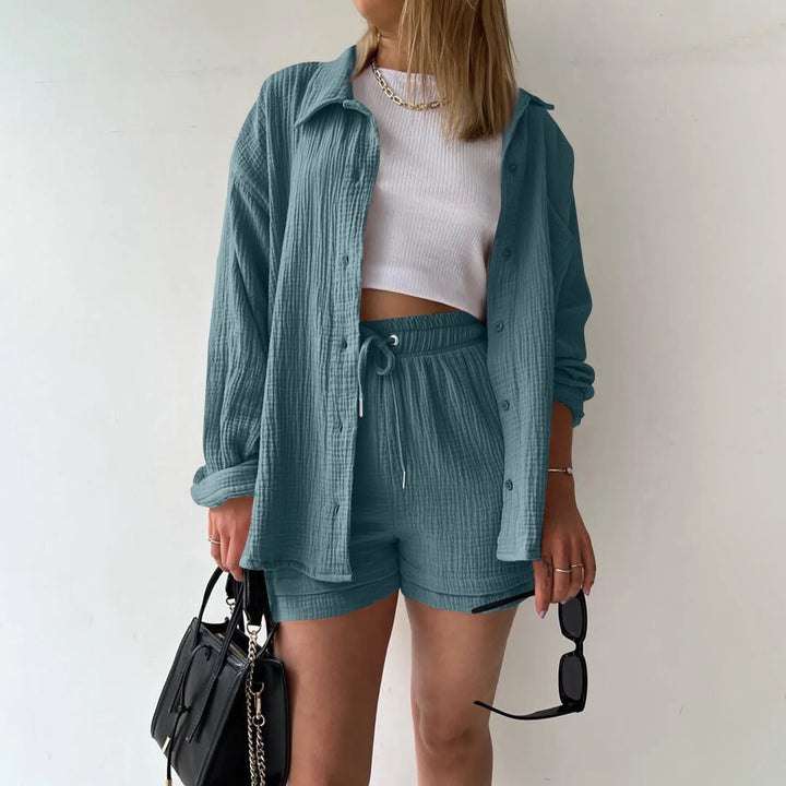 Women's Summer Linen Two-Piece Set – High-Waist Shorts & Long-Sleeve Shirt Outfit