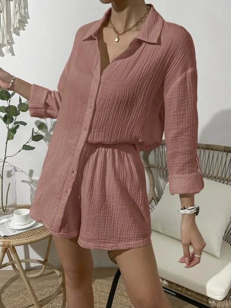 Women's Spring & Summer Two-Piece Set  Loose Long Sleeve Shirt & Casual Short
