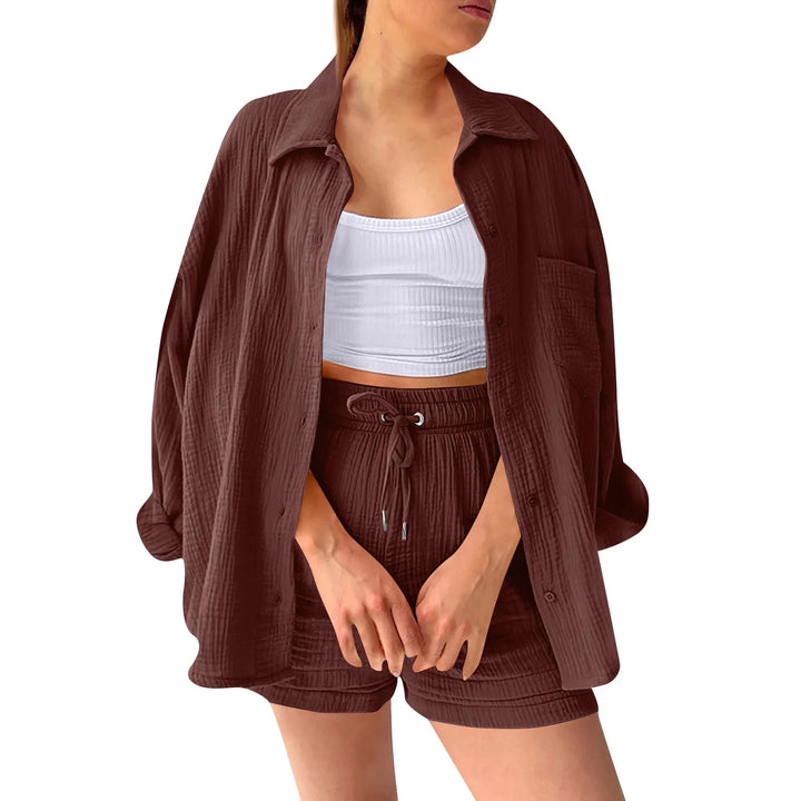 Women's Summer Linen Two-Piece Set – High-Waist Shorts & Long-Sleeve Shirt Outfit