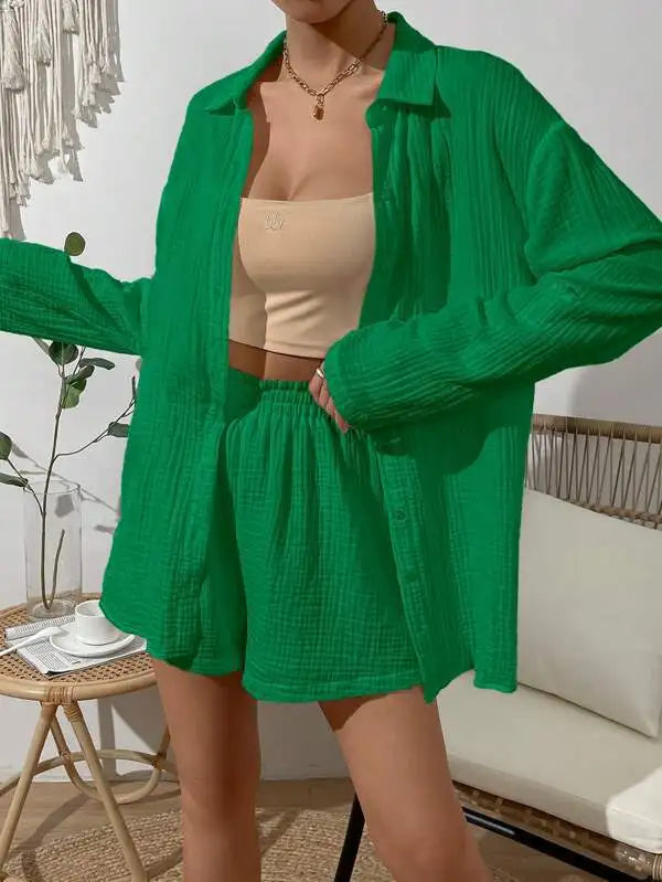 Women's Spring & Summer Two-Piece Set  Loose Long Sleeve Shirt & Casual Short