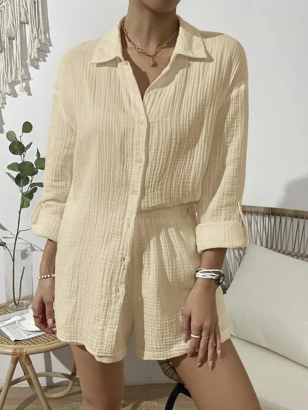 Women's Spring & Summer Two-Piece Set  Loose Long Sleeve Shirt & Casual Short