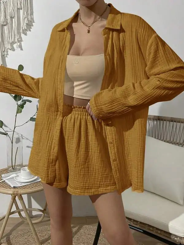 Women's Spring & Summer Two-Piece Set  Loose Long Sleeve Shirt & Casual Short