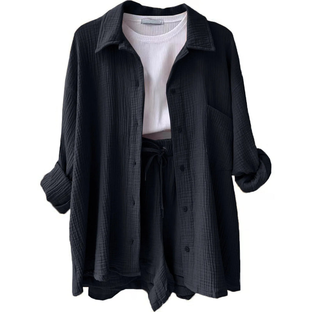 Women's Summer Linen Two-Piece Set – High-Waist Shorts & Long-Sleeve Shirt Outfit