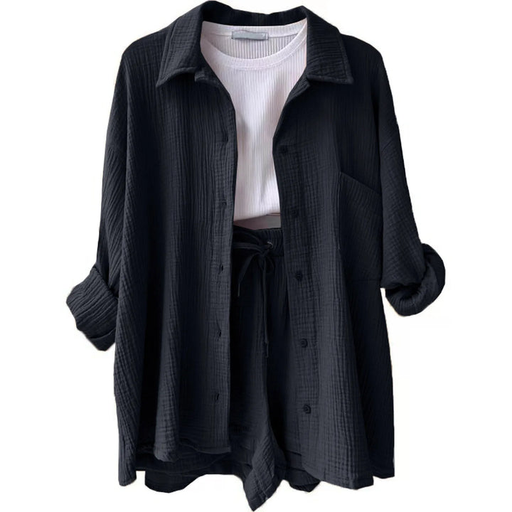 Women's Summer Linen Two-Piece Set – High-Waist Shorts & Long-Sleeve Shirt Outfit