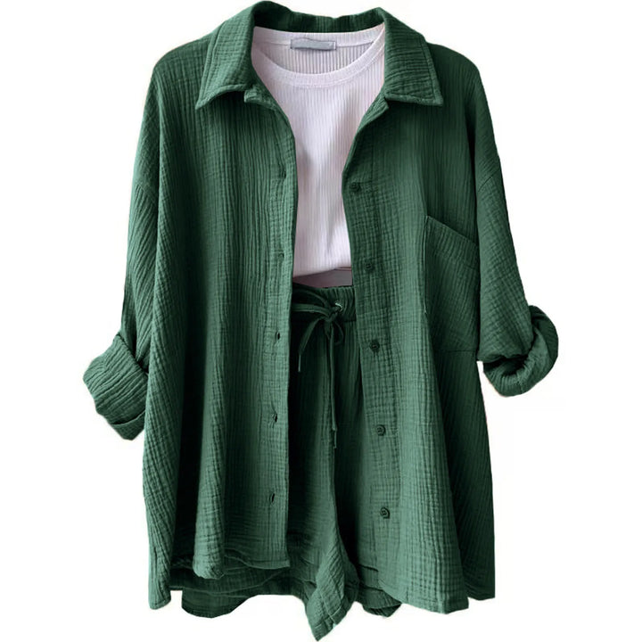Women's Summer Linen Two-Piece Set – High-Waist Shorts & Long-Sleeve Shirt Outfit